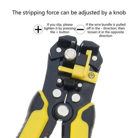 Compact ABS Cable Stripper Crimping And Cutting Tool Easy Grip Ergonomic Handle showing adjustable stripping force knob and grips.