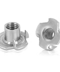 Heavy Duty T Nuts For 3/8-16 Thread Built Like A Tank Using 304 Stainless Steel Rust Proof Shield For Rock Solid Furniture Buildouts Cabinetry And Sick Rock Climbing Hold Mounts 10 Piece Pack close-up of metal nuts showing prong design and threaded insert.