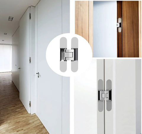 2 Pack Hidden Door Hinges 7 Inch Heavy Duty 180 Degree Swing 3D Concealed Cross Hinge Zinc Alloy Sleek Invisible installed