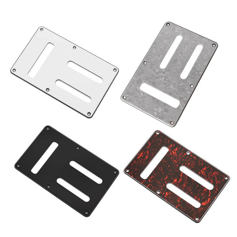 Four Durable PVC Electric Guitar Rear Panel Cover Plates in various colors and textures for secure electronics protection.