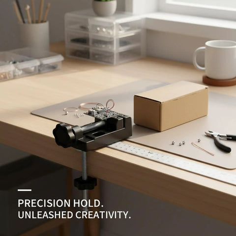 This Mini Aluminum Alloy Bench Vise Is A Compact Clamp Perfect For Jewelry Making And Precision Crafts on a workspace holding small components.