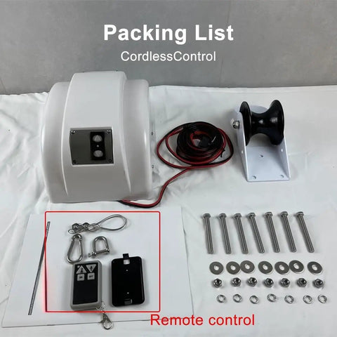 Heavy Duty Electric Boat Anchor Winch Kit With Stainless Steel Build And 31m Rope For Saltwater Use packing list including remote control and accessories.