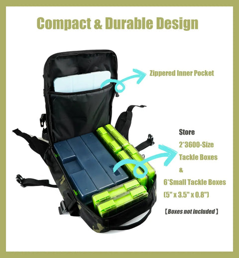 Open view of Small Fishing Backpack With Rod Holder, Water Resistant Tackle Bag showing inner compartments and tackle boxes.