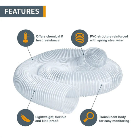 Image of Five Inch By Fifty Foot Dust Collection Hose For Woodworking, Ultra Flexible Clear PVC Tubing Reinforced With Spring Steel Wire