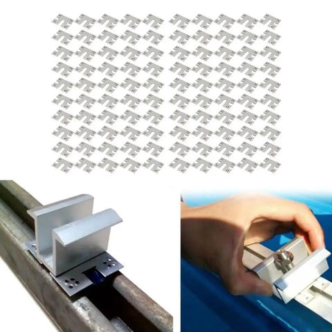 One Hundred Pack Heavy Duty Stainless Steel Solar Panel Grounding Clips Built Tough For Aluminum C Channel Rails On Roof And Carport Photovoltaic Rig Setup Top Shelf Electrical Bonding Hardware Spacers, arranged and in use.