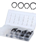 300 Piece External E Clip Kit Snap Ring Assortment 2mm To 32mm in plastic case displaying various sized clips for bearings and gears.