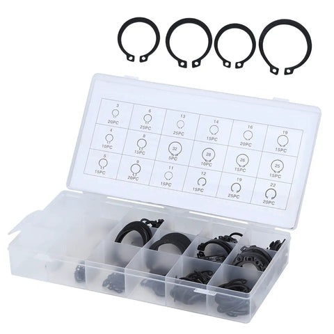 300 Piece E Clip Kit External Circlip Retaining Ring Set With Plastic Storage Case For Shafts Gears Bearings Pulleys And More Heavy Duty Metal Snap Rings, assorted sizes