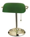 13.5 Inch Traditional Banker Lamp with Green Glass Cylinder Shade, Polished Brass Finish, Classic On Off Pull Chain, Ambient Desk Light