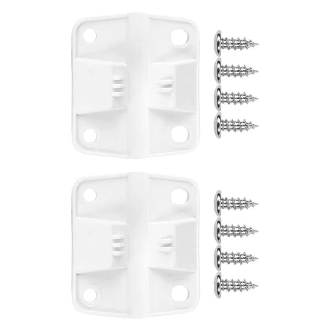 Front view: hinge replacement set with two white plastic hinge plates and eight steel screws