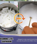 Make It Easy No Fuss Soap Making Kit with chunks of glycerin soap base melting in pot and stirring with spatula in 15 minutes