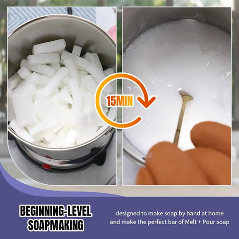 Make It Easy No Fuss Soap Making Kit with chunks of glycerin soap base melting in pot and stirring with spatula in 15 minutes