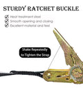 Endless Ratchet Straps No Hook Nylon Tie Downs for Motorcycles and Kayaks showing steel buckle and tightening instruction