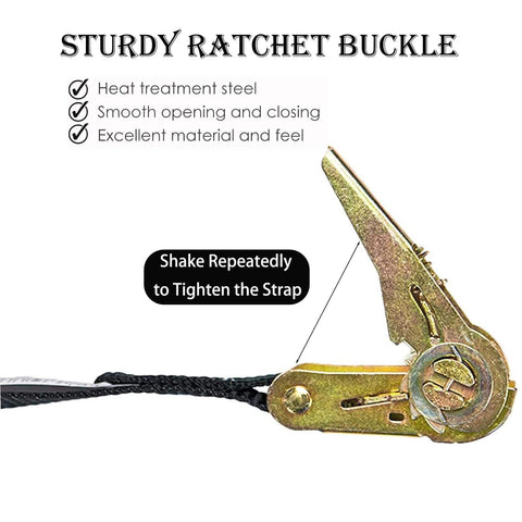 Endless Ratchet Straps No Hook Nylon Tie Downs for Motorcycles and Kayaks showing steel buckle and tightening instruction