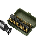Torx Bit Set 77-Piece With 2 In 1 Ratchet Magnetic Bit Holder showing tools and bits in open green case
