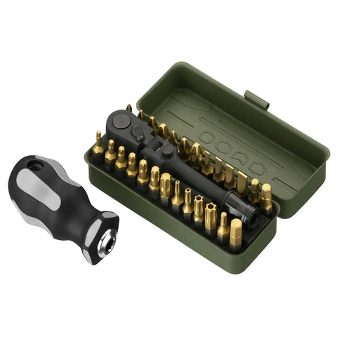 Torx Bit Set 77-Piece With 2 In 1 Ratchet Magnetic Bit Holder showing tools and bits in open green case