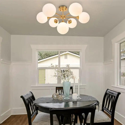 Dining room with Gold Seven Light Glass Globe Sputnik Chandelier Pendant for Foyer Kitchen Dining Living Room Rustic Vintage Modern Metal Ceiling Fixture Semi Flush Mount Large Hanging Lamp