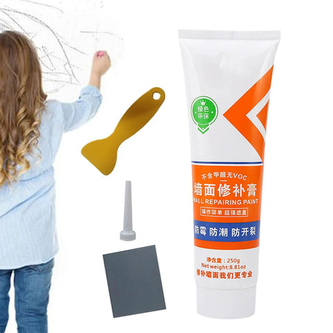 Fast Drying Wall Hole Filler Paste Kit For Quick Crack Repairs In Living Rooms, Kitchens, Basements, Garages, And Dorms, With Strong Adhesion To Plaster And Wood, Easy Sanding And Paint Ready Finish, showing tube with scraper and nozzle.