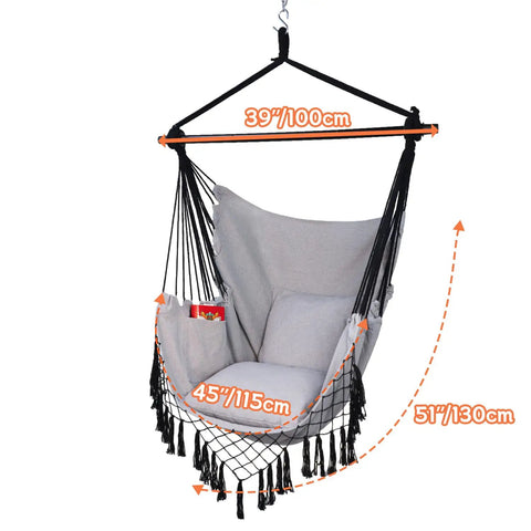 Hammock Chair Hanging Rope Swing Chair For Indoor Outdoor Use Built For Chill Comfort Up To 450 Lbs Large With Pocket And Two Cushions Removable Steel Bar Hardware Kit Included Light Grey