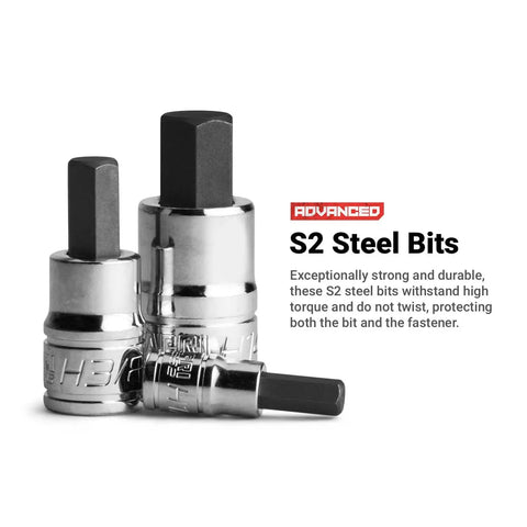 Close-up of 32-Piece Hex Bit Socket Set With Metric And SAE Sizes, Drop-Forged S2 Steel Bits, Chrome Plated Chrome Vanadium Sockets, Built To Last