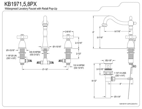 Technical drawing of Heritage Widespread Lavatory Faucet With Porcelain Cross Handles In Oil Rubbed Bronze Solid Brass Construction Sleek 8 To 16 Inch Adjustable Center Deck Mount Three Hole Installation One Point Two GPM Flow IPS Connection Easy Install showing dimensions and parts.