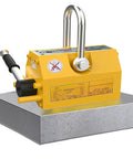 Heavy Duty Permanent Magnet Lifter With Quick Release Handle For 6600 Pound Steel Plates And Round Bar Hoist Tool on steel surface.