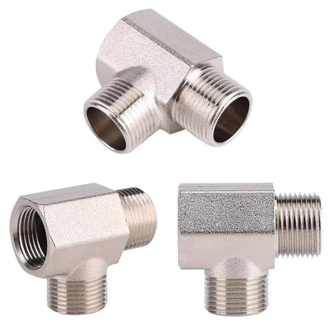 Metal T-shape adapter for Toilet Bidet Attachment Kit With Hot And Cold Water Diverter Valve, shown from different angles