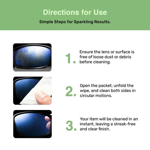 SOLWST Optix Lens Cleaning Wipes directions infographic with 3 steps for cleaning eyeglasses and lenses