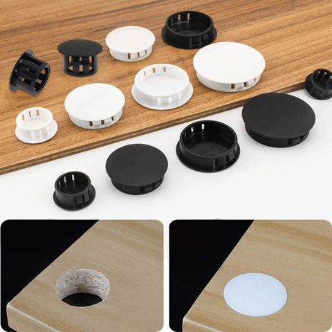 30 Pack White Plastic Hole Plugs 6mm Flush End Caps For 5.5 To 6mm Holes Cap Diameter 8mm displayed on wood panel