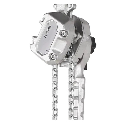 One Ton Aluminum Lever Hoist With Portable Chain Lifting Tackle Made For Light Job Site Work Featuring rugged alloy build and chain.