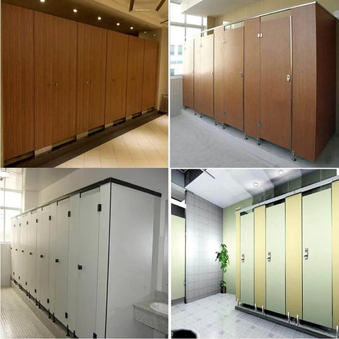 Four styles of public toilet partitions showcasing Two Piece 304 Stainless Steel Public Toilet Partition Hinge Self Closing Spring Hinge Right Side 85mm By 75mm Durable Public Restroom Hardware For Hotels Shopping Malls Public Facilities