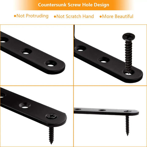 Heavy Duty Black Mending Plates 10 Inch Straight Steel Braces showing countersunk screw holes for flush installation.