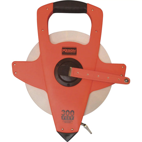 Nylon-Reinforced Steel Blade Tape Measure with Speed Rewind, 300-Foot, in high-visibility orange polycarbonate case with handle.