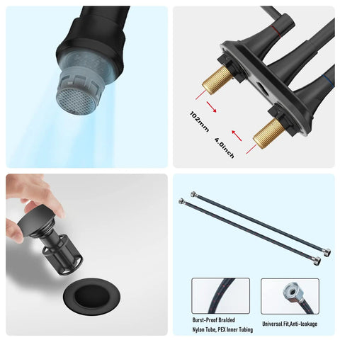Components of Matte Black Bathroom Sink Faucet With 360 Degree Swivel Spout 2 Handle Centerset Design Lead Free Stainless Steel