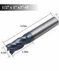 Five Piece Half Inch Carbide Square End Mill Set HRC45 TiSiN Coated Four Flute For Alloy And Hardened Steel Durable Tungsten End Mills Cutter Optimized For CNC Milling And Metalworking Projects product showing dimensions and flute details.