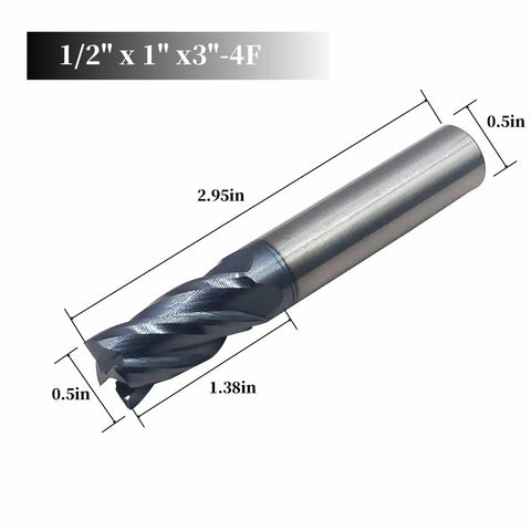 Five Piece Half Inch Carbide Square End Mill Set HRC45 TiSiN Coated Four Flute For Alloy And Hardened Steel Durable Tungsten End Mills Cutter Optimized For CNC Milling And Metalworking Projects product showing dimensions and flute details.