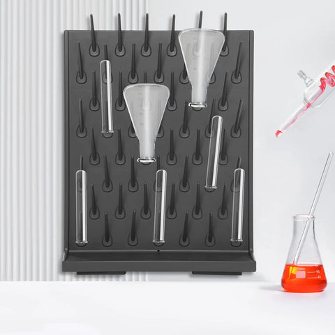 Heavy Duty Lab Glassware Drying Rack With Fifty Two Adjustable Pegboard Columns And Thirty Three Pound Load Built Tough For Countertop Or Wall Mount Bottle Sorting No Sweat At All with glass beakers and tubes.