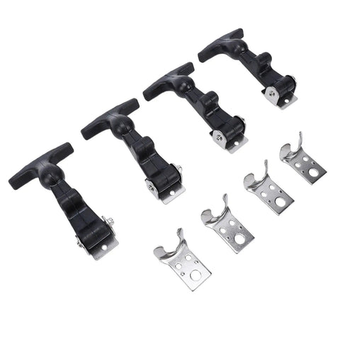 Beefy 4 Piece Elastic Stainless Steel Hood Latch Kit with T Handle Hasp, 14cm, shown with stainless brackets
