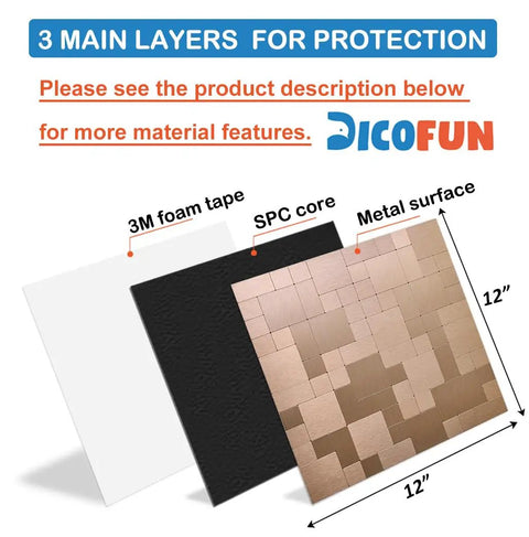 Diagram of 10 Sheet Peel And Stick Tile Backsplash With Sleek Stainless Steel Look showing 3 layers: metal, SPC core, foam tape, size 12x12 inch
