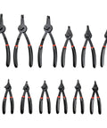 12 Piece Snap Ring Pliers Set For Internal And External Circlips With Straight And Bent Jaw Tips, Includes 0.038 Inch, 0.047 Inch, 0.070 Inch, 0.090 Inch Sizes, 6, 8, 9 Inch Pliers, Pro Grade Circlip Remover Kit, Must-Have Garage Gear displayed on white background.