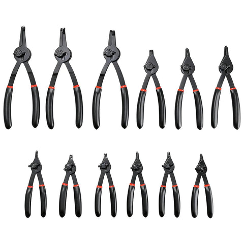 12 Piece Snap Ring Pliers Set For Internal And External Circlips With Straight And Bent Jaw Tips, Includes 0.038 Inch, 0.047 Inch, 0.070 Inch, 0.090 Inch Sizes, 6, 8, 9 Inch Pliers, Pro Grade Circlip Remover Kit, Must-Have Garage Gear displayed on white background.