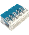 Straight Shooting 5 Pin Quick Connect Wire Connector With Solid Grip Lever Action Push In Design For Heavy Duty Electrical Wiring Repairs 32 Amp Compact Terminal Block 10 Pack, clear housing with blue levers.