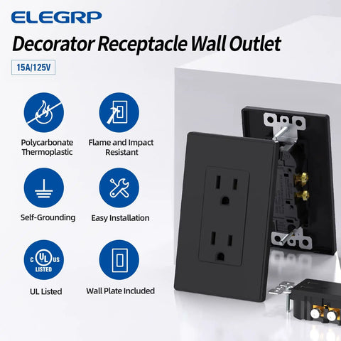 Dope Matte Black Decorator Wall Receptacle Outlet 15A 125V NEMA 5 15R Non Tamper Resistant Self Grounding With Wall Plate