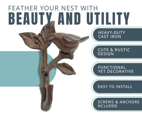 Heavy Duty Cast Iron Bird On a Branch Wall Hook With Screws Included For Real Deal Rustic Home Decor And Darn Smooth Hanging Organization You Will Love, detailed view showing bird and leaves.