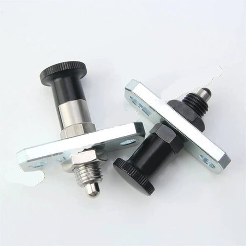 Heavy Duty Spring Loaded Indexing Plunger With Locking Knob And Flanged Base, featuring flanged metal base and two styles.