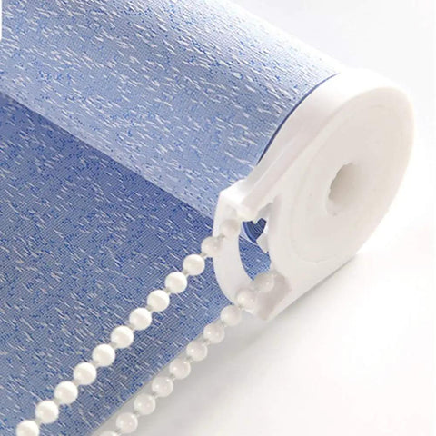 Heavy Duty White Beaded Chain Cord For Roller And Roman Blinds Easy Weekend Fix 10 Yards Adjustable Plastic Pearl Rope viewed with blue fabric.