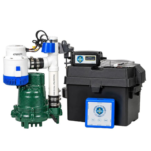 Plug And Play Sump Pump And Battery Backup System With Smart Wifi Monitoring Controller, preassembled green pump with battery charger