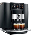 Top Shelf Fully Automatic Commercial Coffee Station Featuring Six Point Seven Inch Touchscreen Interface with espresso drinks in clear glasses.