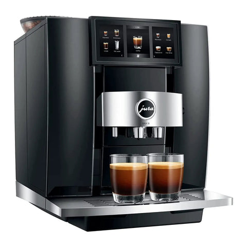 Top Shelf Fully Automatic Commercial Coffee Station Featuring Six Point Seven Inch Touchscreen Interface with espresso drinks in clear glasses.