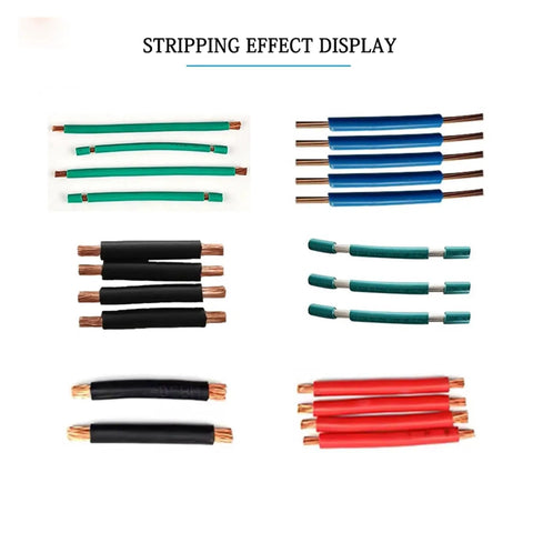 Stripping effect display of various wire strands showcasing copper exposure, demonstrating the automatic electric stripper and cutter.