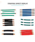 Stripping effect display showing various wire types after processing with Professional Electric Wire Stripper Machine With 5 Inch LCD Display Automatic Cutting And Peeling Tool Capable Of Handling Cables From Zero Point One To Six Millimeters Squared High Speed Stripping For Heavy Duty Electrical Work Projects.